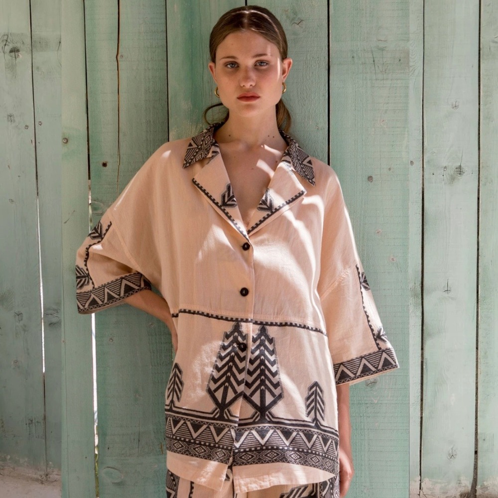 Nema Resort‎ Top Peach Geometric Print Button Up Shirt Top Size S